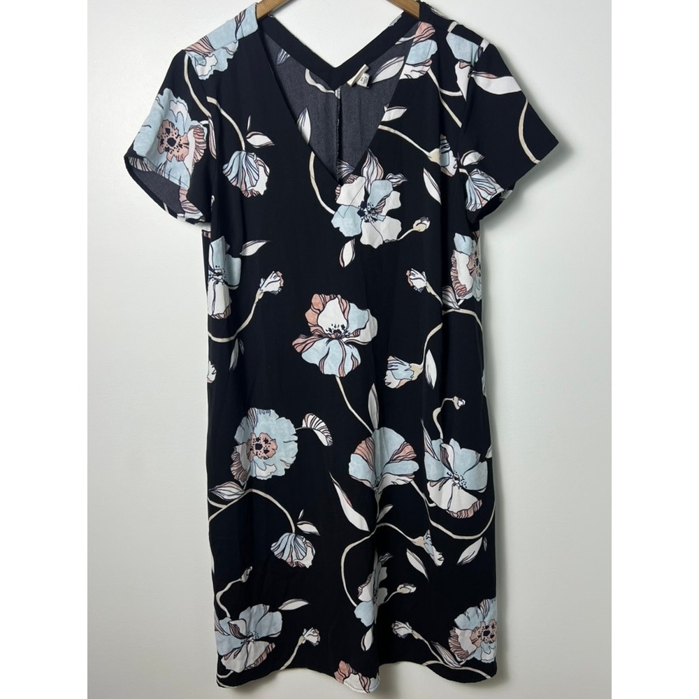 A New Day Shift Dress Wm XL Black Floral V-Neck Short Sleeve Casual Boho Cottage